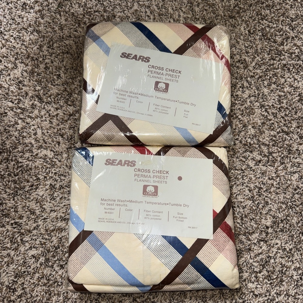Sears Perma-Prest Flannel Sheet Full Size Fitted & Flat Cotton/Poly Blend USA